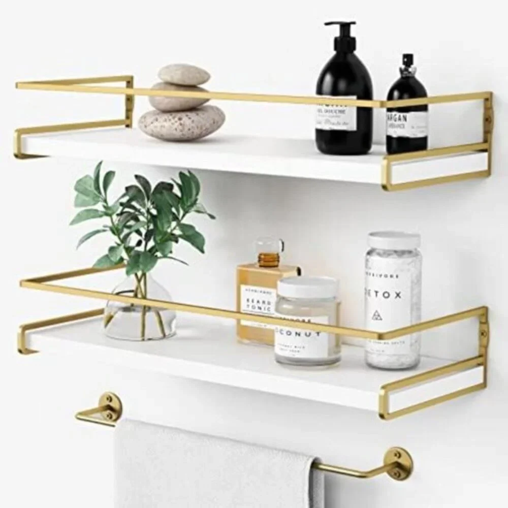 New Set of 2 Floating Bathroom Shelves, White & Gold Wall Organizer